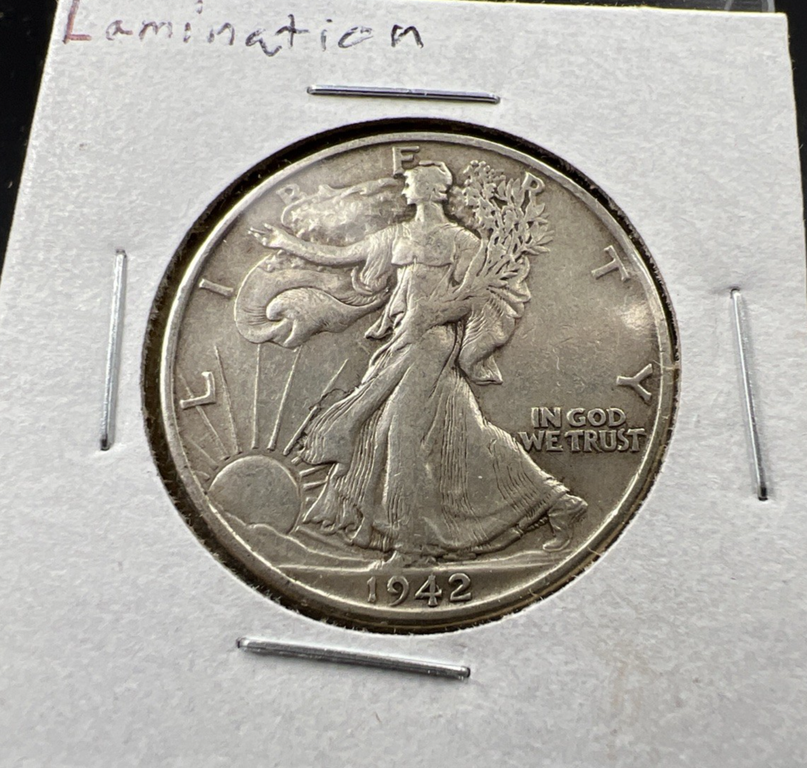 1942 50c Walking Liberty Silver Half Dollar Coin OBV Lamination VF Circ