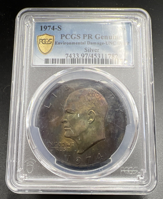 1974 S $1 Ike Eisenhower Silver Dollar Coin Neat Toning Toner PCGS UNC Details