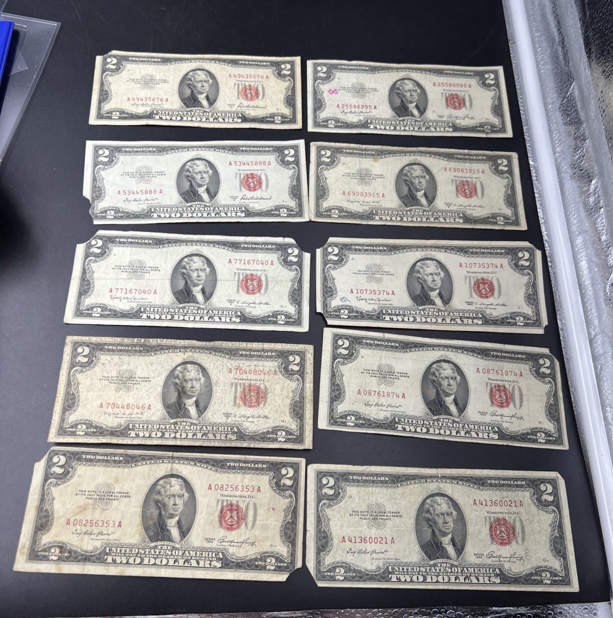 Lot of 10 1953 1963 $2 USN Red Seal Legal Tender Bills Very Circulated #353