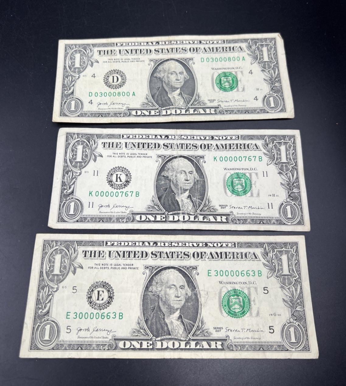 Lot of 3 2017 $1 Low Repeat Serial # FRN Notes #0000767 #0300800 #3000663 Circ