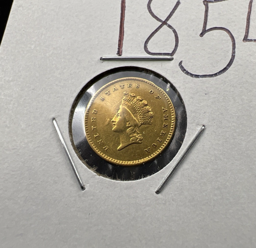 1854 G $1 Gold One Dollar Type 2 Indian Princess Head VF Details Rim Damage