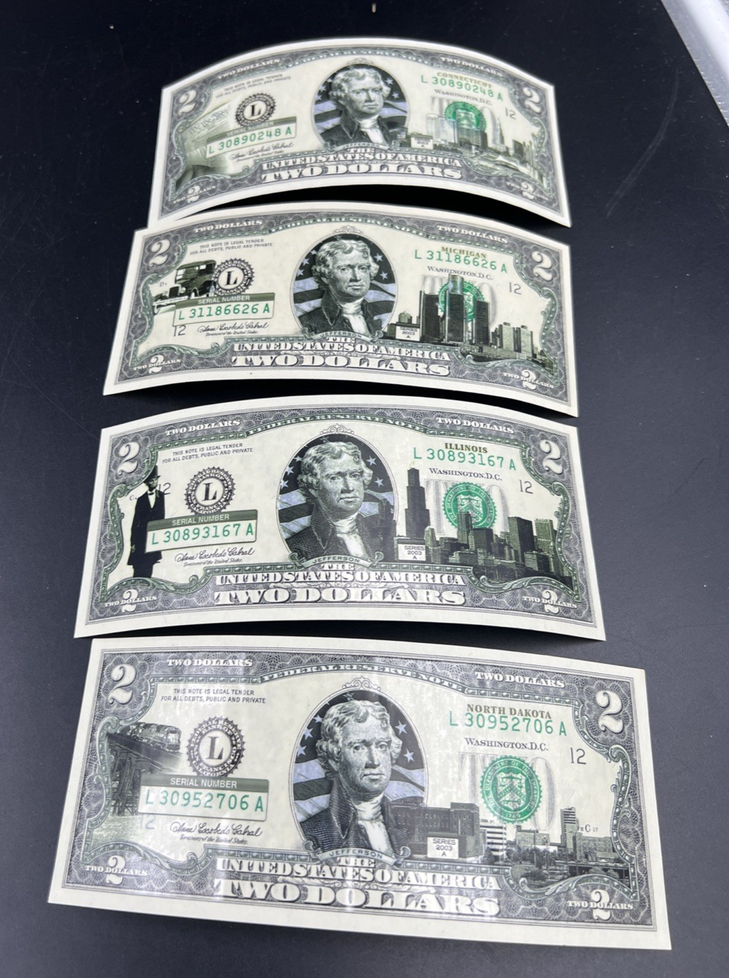 Lot of 4 2003 A $2 FRN US State Colorized Bills Michigan Illinois North Dakota +