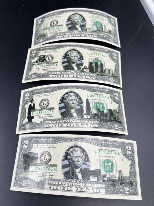 Lot of 4 2003 A $2 FRN US State Colorized Bills Michigan Illinois North Dakota +