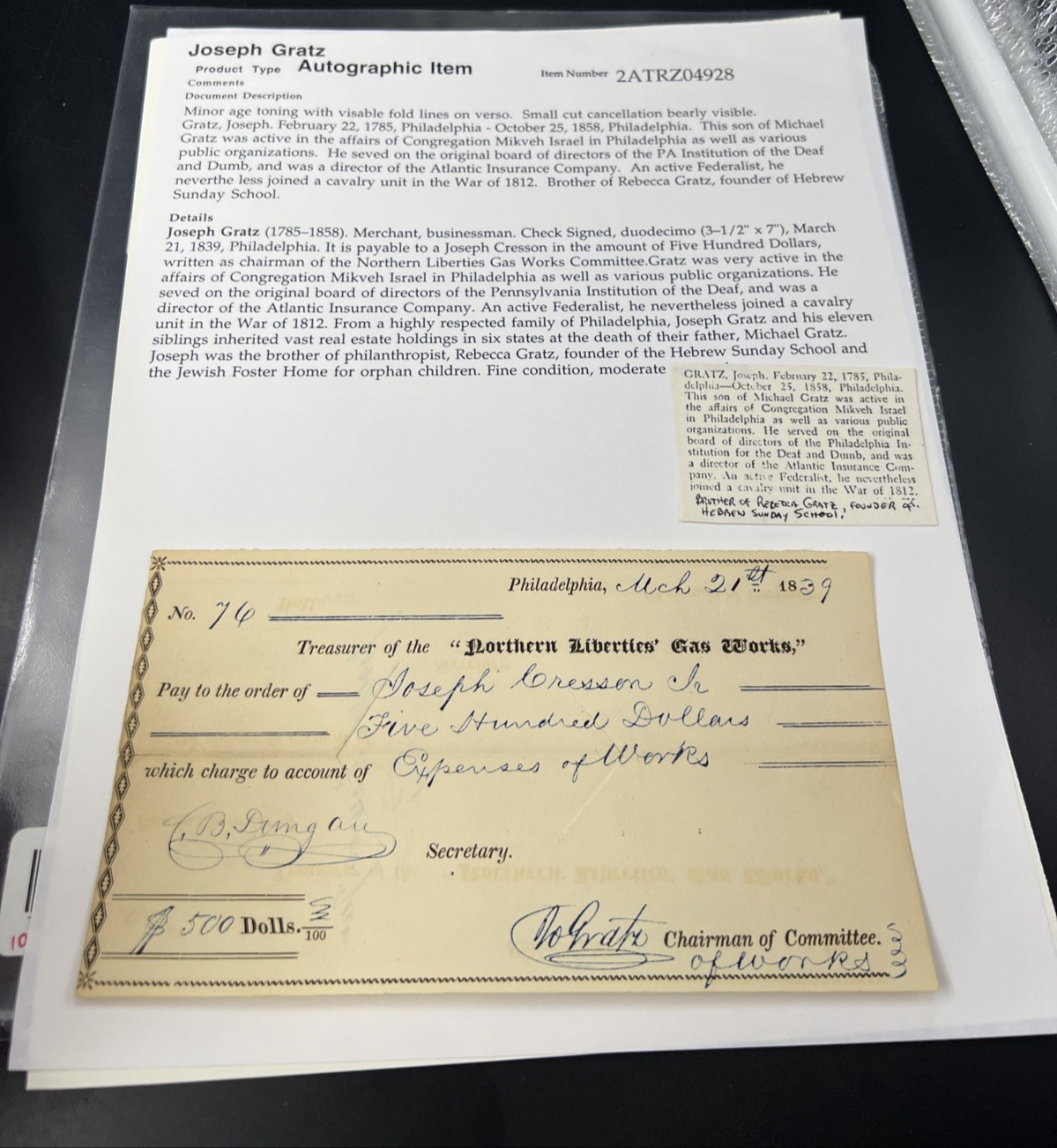 1839 Joseph Gratz Hand Autographed Endorsed for Collection Check