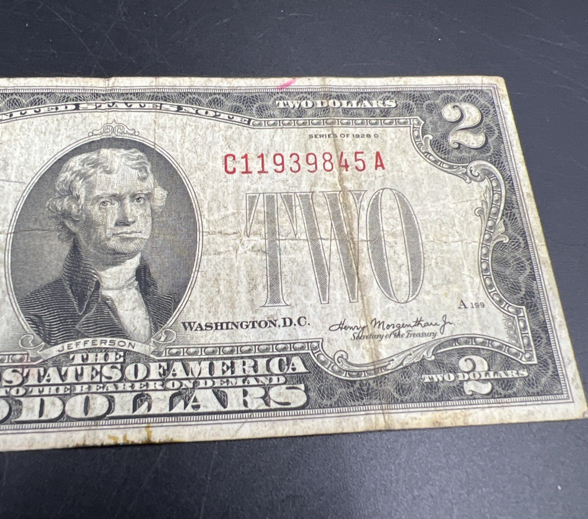 1928 D Mule $2 Two Dollar Bill USN United States Note VG Circ #845