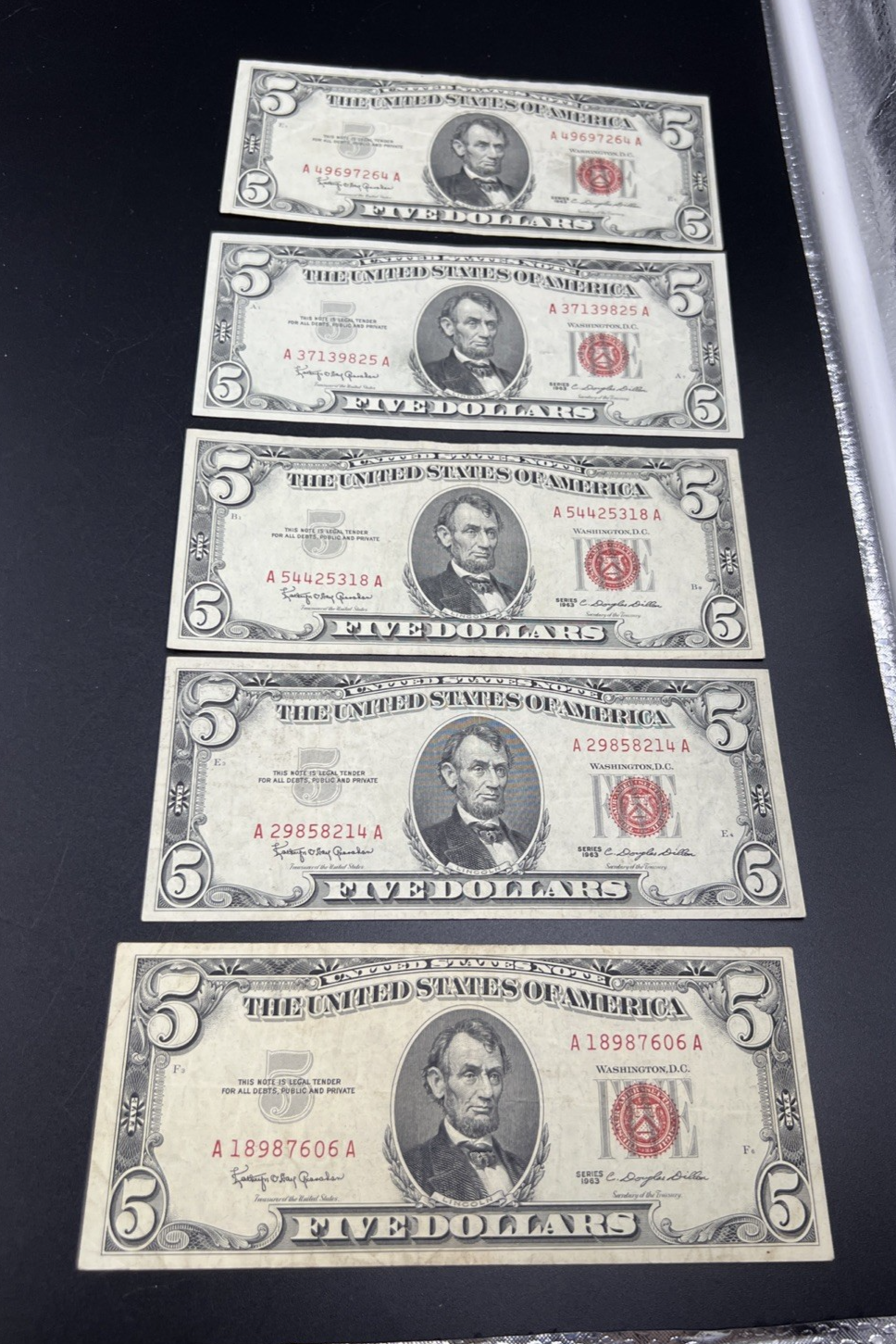 Lot of 5 1963 $5 USN United States Notes Five Dollar Bills Red Seal VF Very Fine