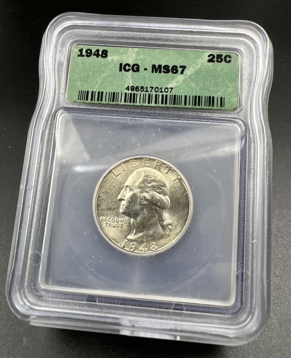 1948 P 25C Washington Quarter Silver Coin MS67 ICG #107 Some Toning