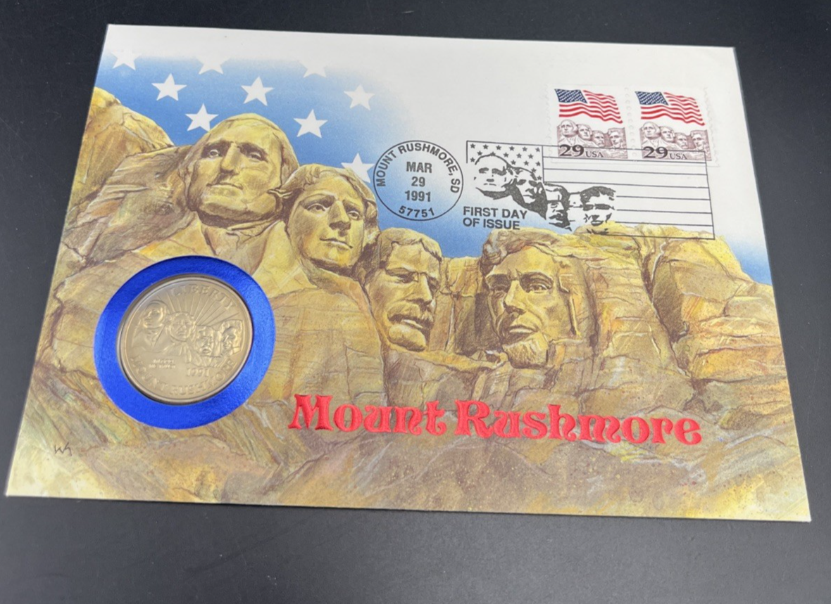 1991 D Gem BU Mount MT Rushmore 50c in FDOI Stamp Display card with Neat Toning