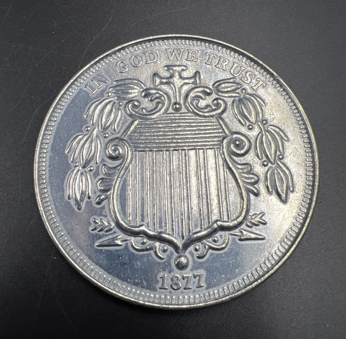 Large 3 Inch Novelty Pewter Coin/Coaster/Paperweight 1877 Shield Nickel