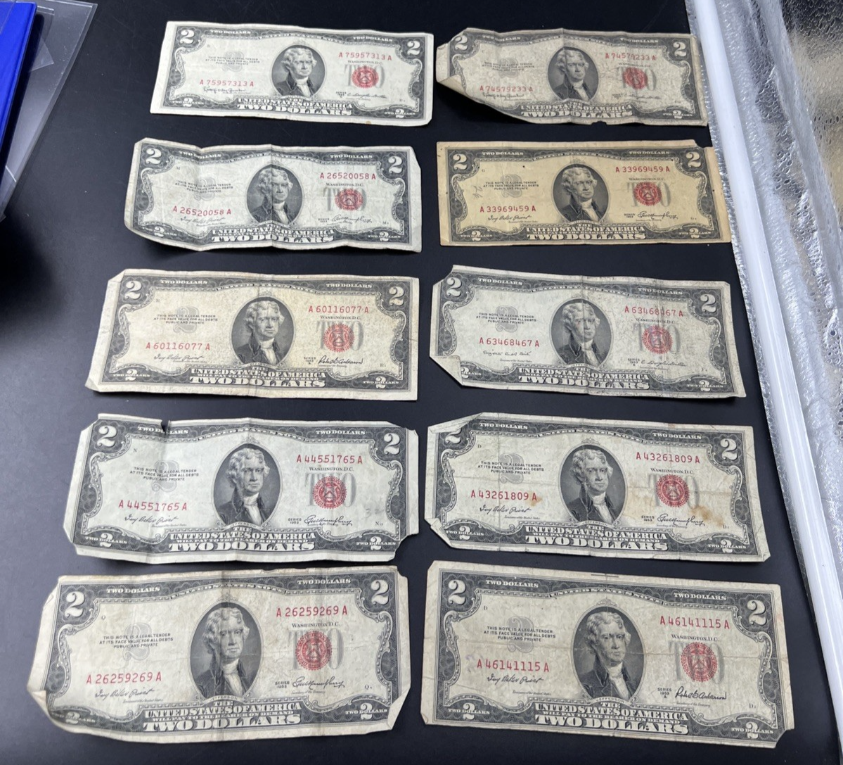 Lot of 10 1953 $2 USN Red Seal Legal Tender Bills Very Circulated #269