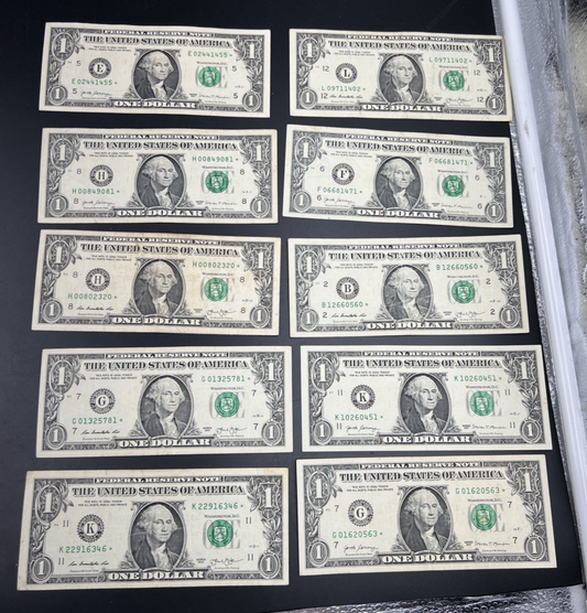 Lot of 10 2013 2017 Star * $1 FRN Federal Reserve Notes Circ #346