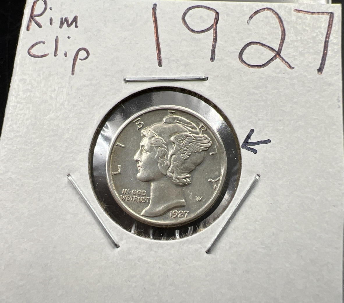 1927 P 10c Mercury Silver Dime Coin Clipped Planchet Error XF EF Extra Fine