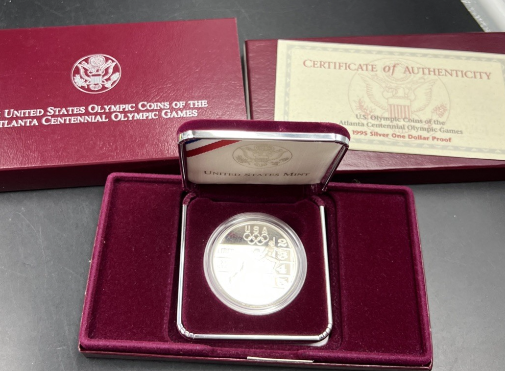 1995 Atlanta Olympics Runner Proof Silver Dollar Coin OGP Some Toning