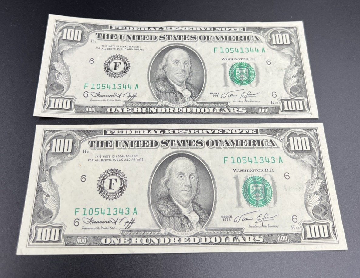 2 Consecutive 1974 $100 One Hundred Dollar FRN Federal Reserve Note Bills XF EF