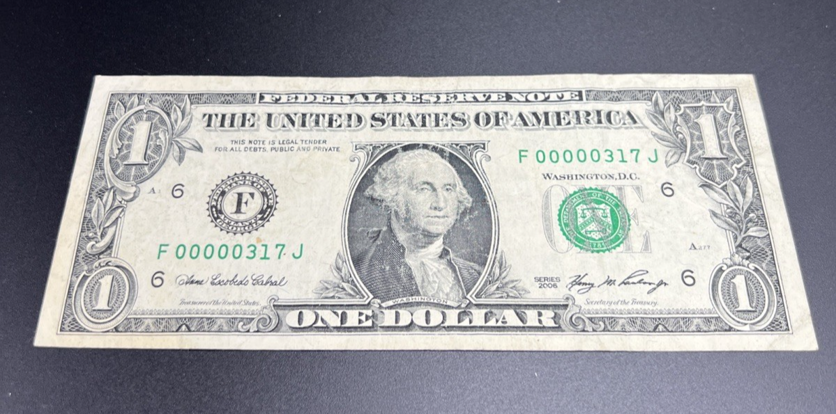 2006 $1 FRN Federal Reserve Note Neat Serial #00000317 VG Circ