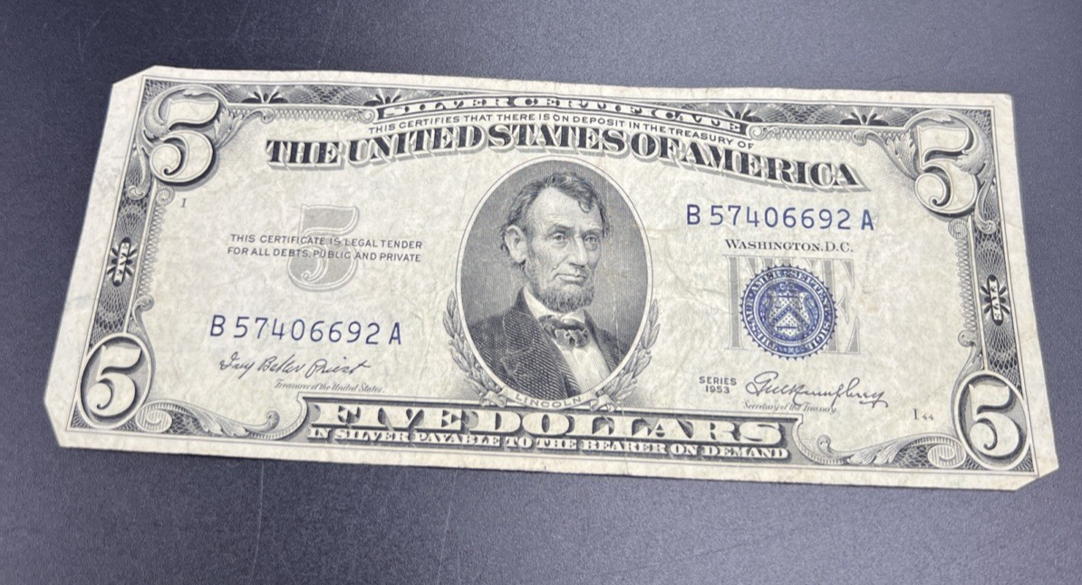 1953 $5 US Silver Certificate Note Five Dollar Bill VG Very Good Circ #692
