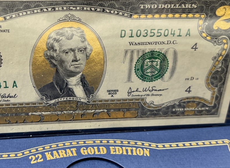 2003 $2 FRN Two Dollar Bill Federal Reserve Note Enhanced Golden CH UNC #041