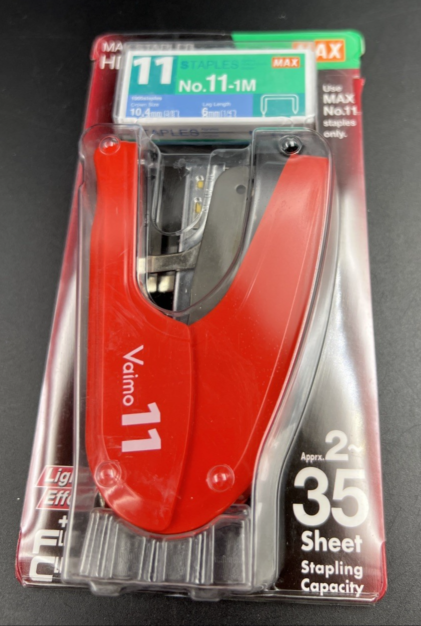 HD-11FLK Max Flat Clinch Stapler for 2x2 Coin Flips Stapler Red Hand Size New