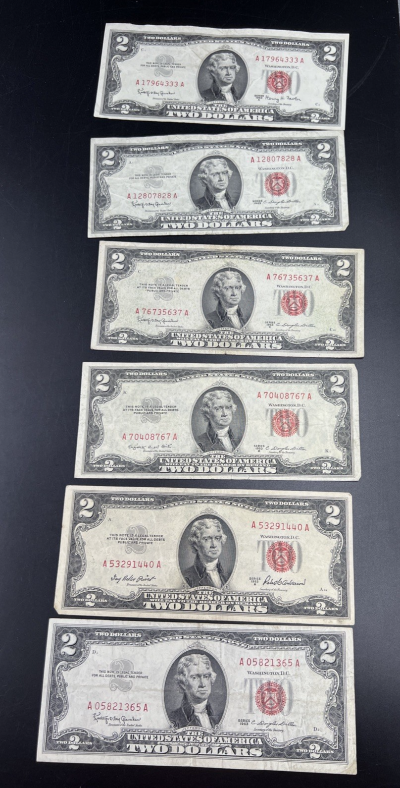 6 Note Set 1953 + ABC & 1963 & A $2 Two Dollar USN Legal Tender Red Seal Set #65