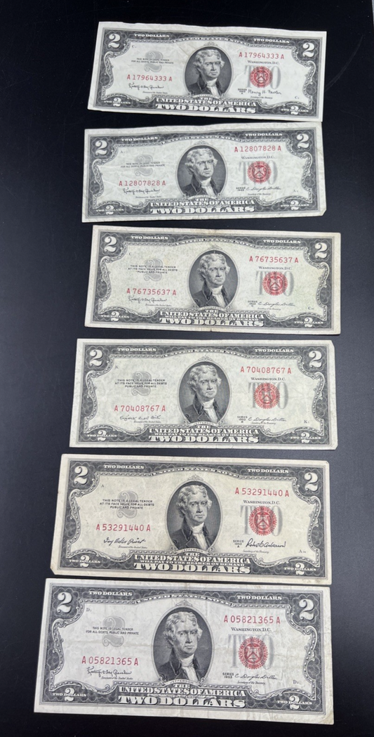 6 Note Set 1953 + ABC & 1963 & A $2 Two Dollar USN Legal Tender Red Seal Set #65