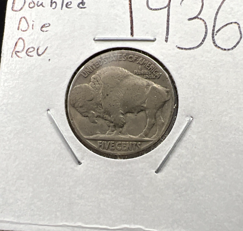 1936 5c Buffalo Nickel Coin Fine Circulated Double Die Reverse Variety