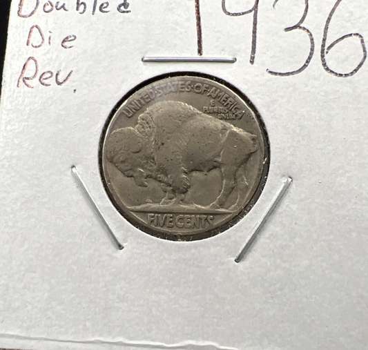 1936 5c Buffalo Nickel Coin Fine Circulated Double Die Reverse Variety