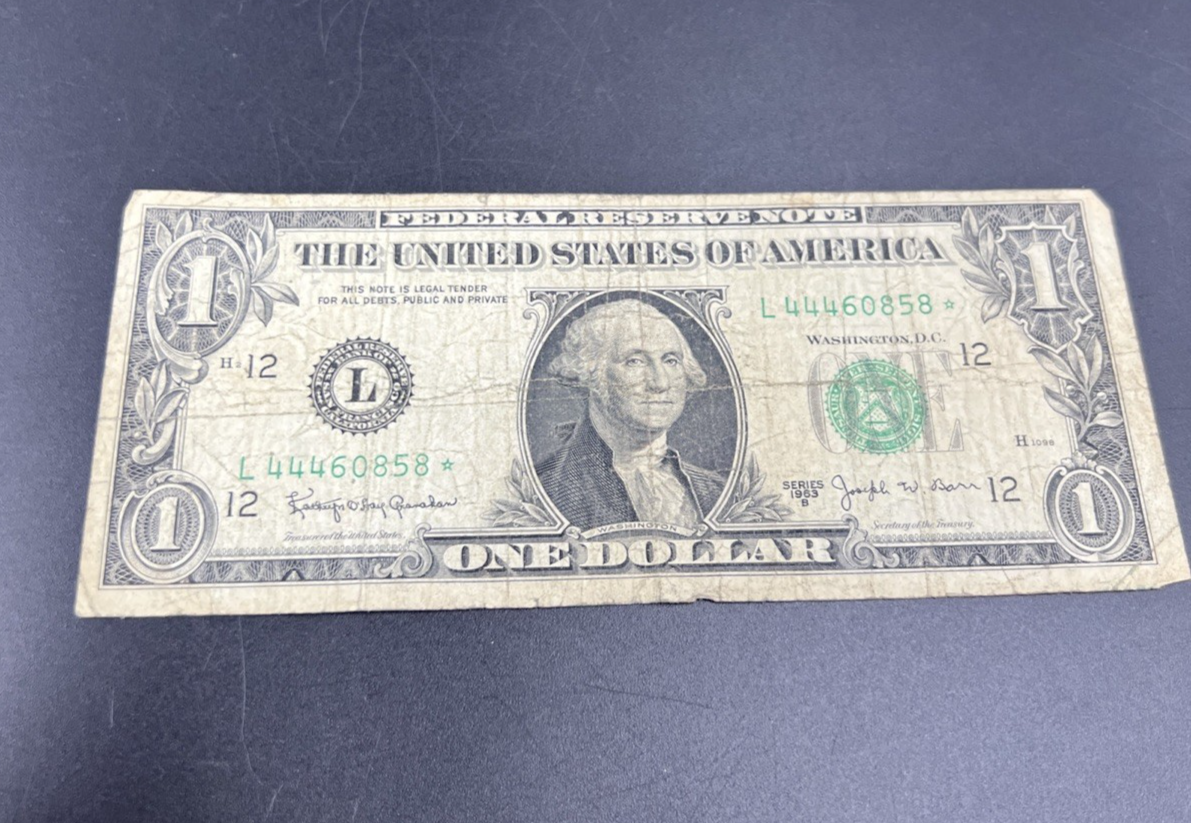 1963 B * Star $1 One Dollar Barr Note Neat Serial Number #444 Very Circulated