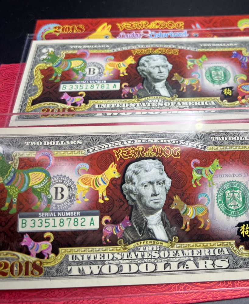 2 Consecutive Serial 2013 Lucky Money Year of Dog Colorized $2 Two Dollar Bills