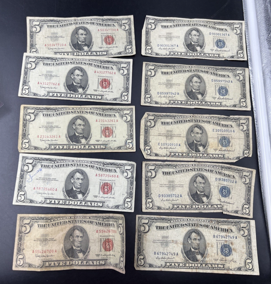 $5 Bill collector's Lot 10 US Bills - 5 USN Red Seals & 5 Silver Certificates