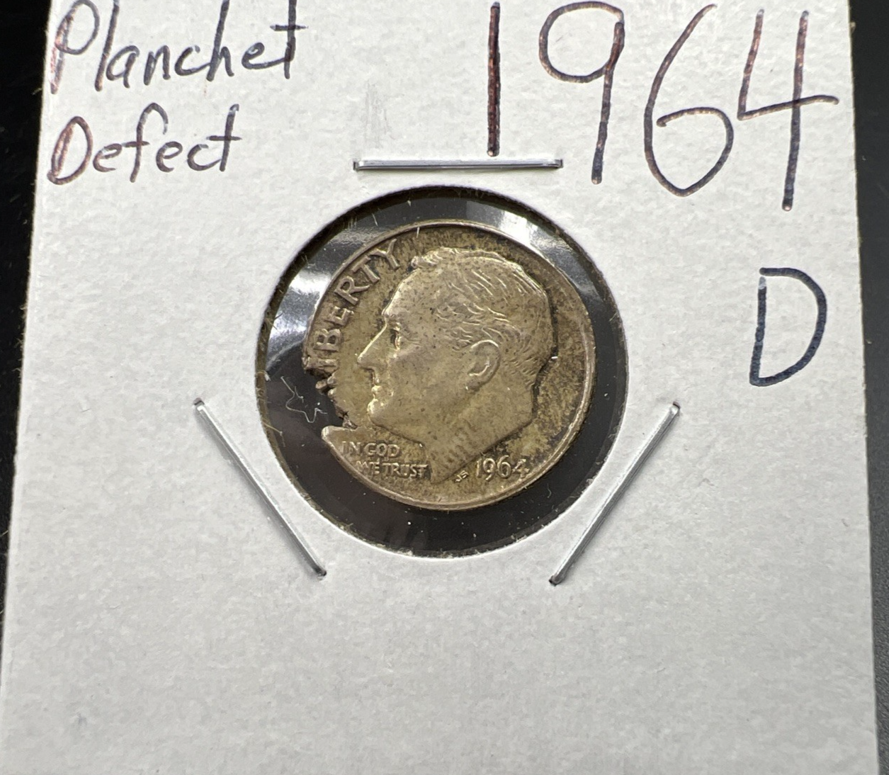 1964 D 10c Roosevelt Silver Dime Coin Major Planchet Defect XF / AU Circ