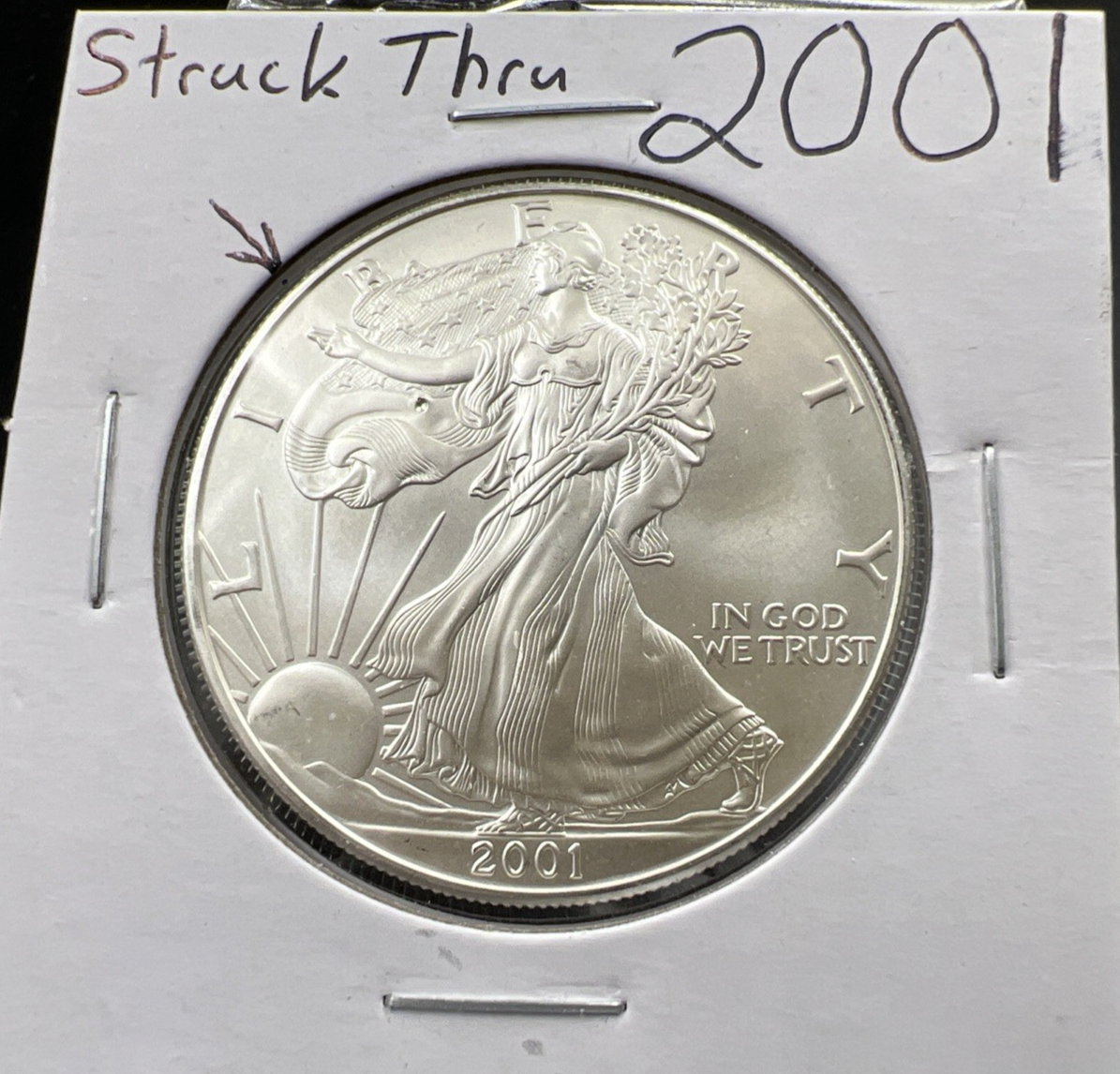 2001 1 Oz ASE American Silver Eagle Coin Gem BU UNC Struck Thru Error Obverse