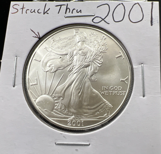 2001 1 Oz ASE American Silver Eagle Coin Gem BU UNC Struck Thru Error Obverse