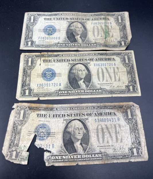 Lot of 3 Very Circ Damaged 1928 $1 Dollar Silver Certificate Funny back Notes