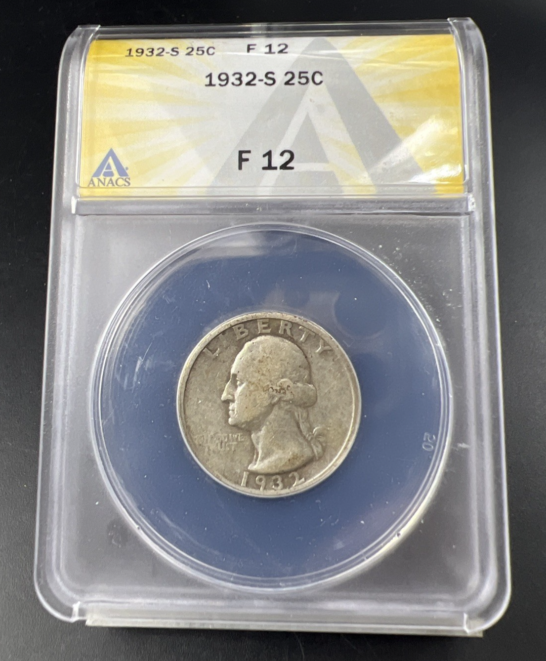 1932 S 25c Washington Silver Quarter Coin ANACS F12 Fine Key Date #702