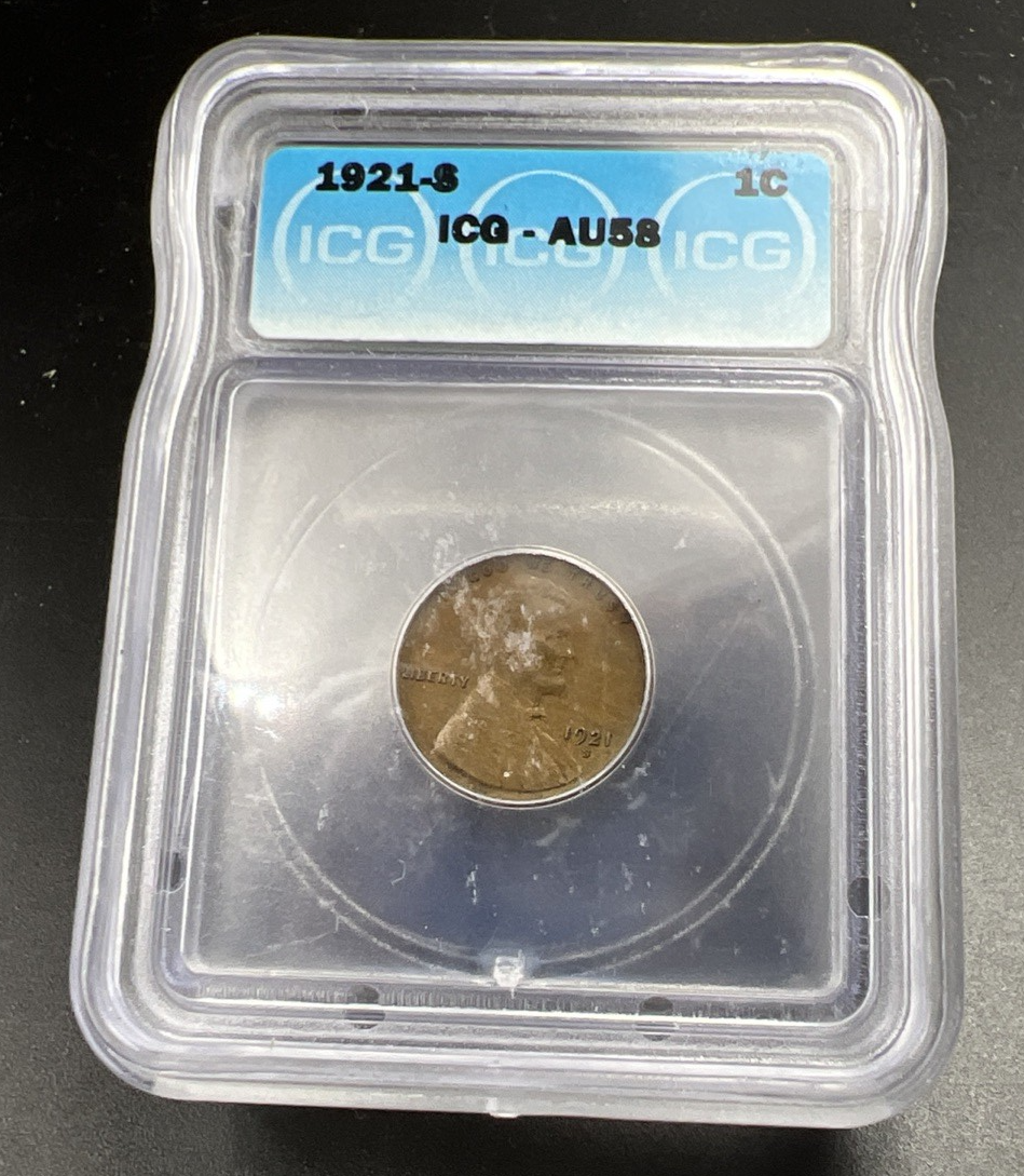 1921 S 1c Lincoln Wheat Cent Penny Coin ICG AU58