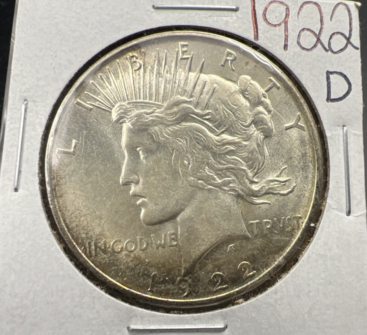 1922 D $1 Peace Silver Dollar Coin UNC Uncirculated Some Toning