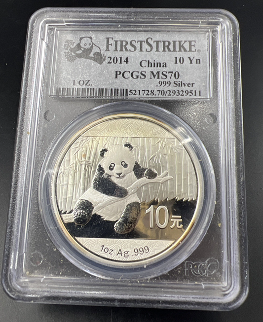 2014 China 10 Yn 1oz Silver Panda PCGS MS70 First Strike SK#511 Some Toning