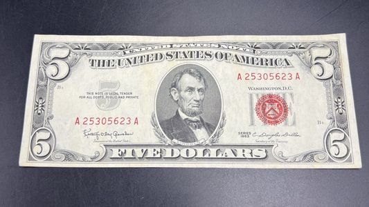 1963 $5 USN United States Notes Red Seal Bill XF EF Extra Fine Circ #623
