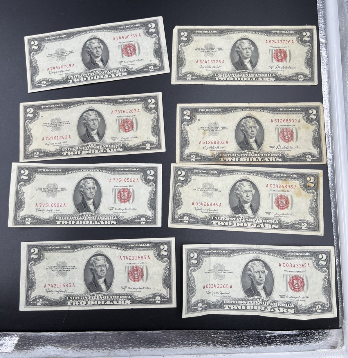 Lot of 8 1963 1953 $2 USN Red Seal Notes VG Fine Circ Red Seal Bills #685