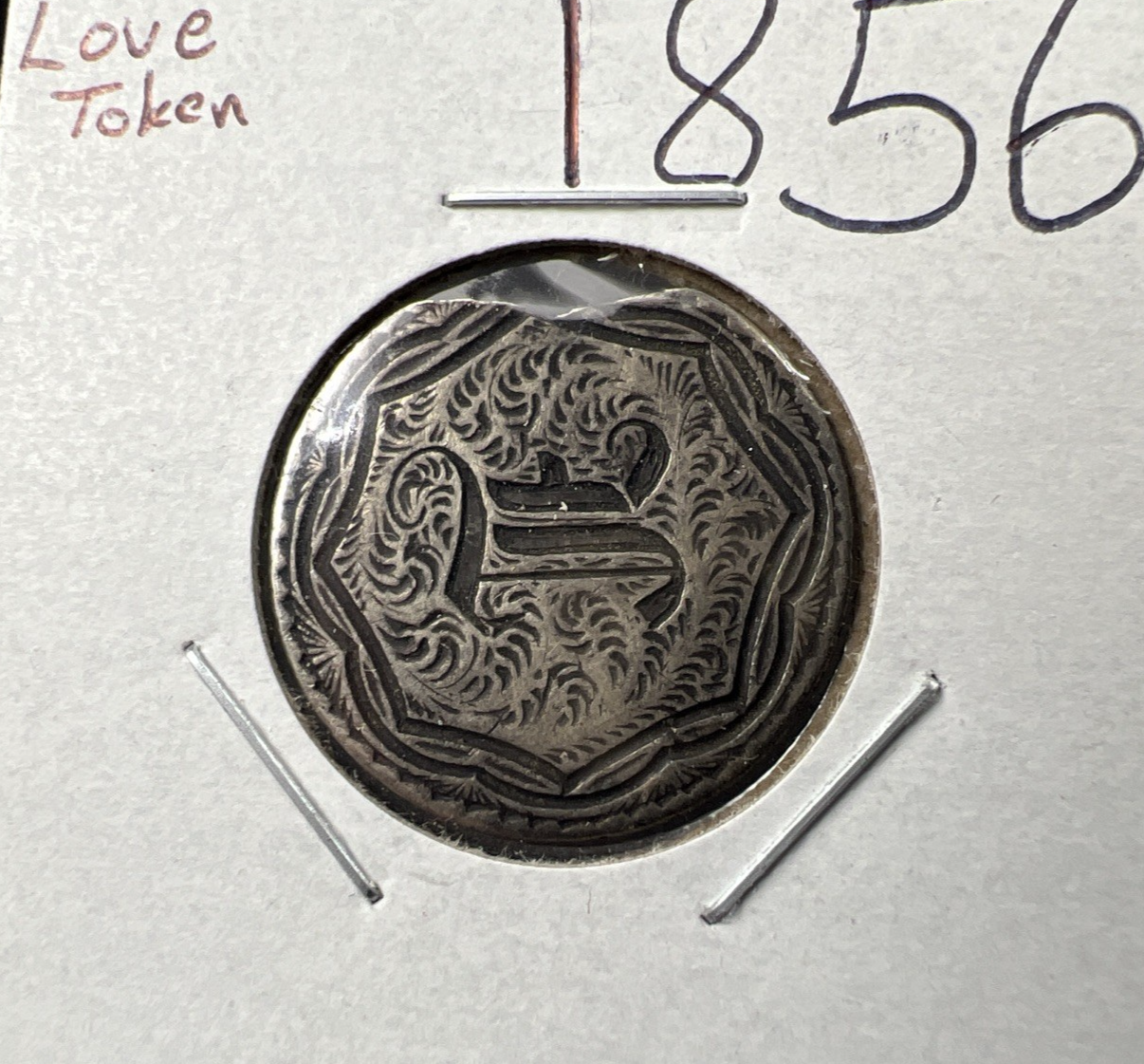 JE Monogram Love Token on 1856 25C Seated Liberty Quarter Very Circ Damage