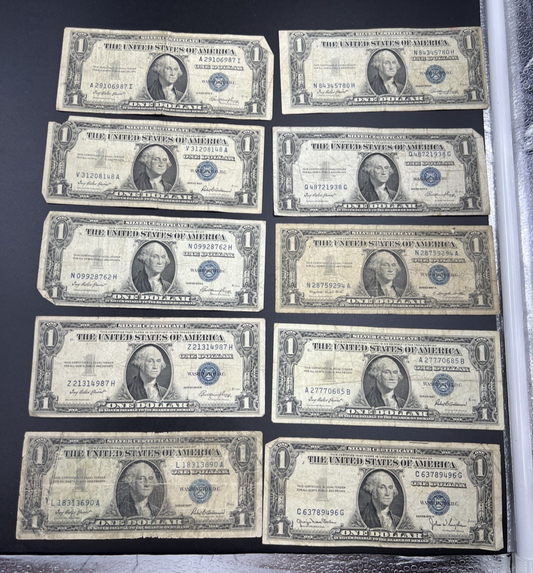 Lot of 10 VERY CIRC 1957 1935 $1 Dollar Silver Certificate Blue Seal Notes #90