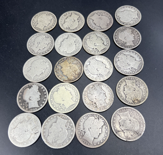 20 Coin Roll Barber 90% Silver Half Dollar Coins AG - G Very Circ Conditions S#a