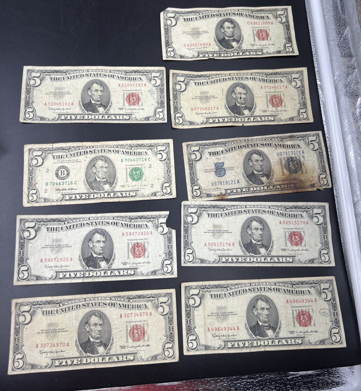 $5 Bill collector's Lot 9 US Bills - Very Circ 7 1963 USN 1 1995 FRN 1 1934 $5
