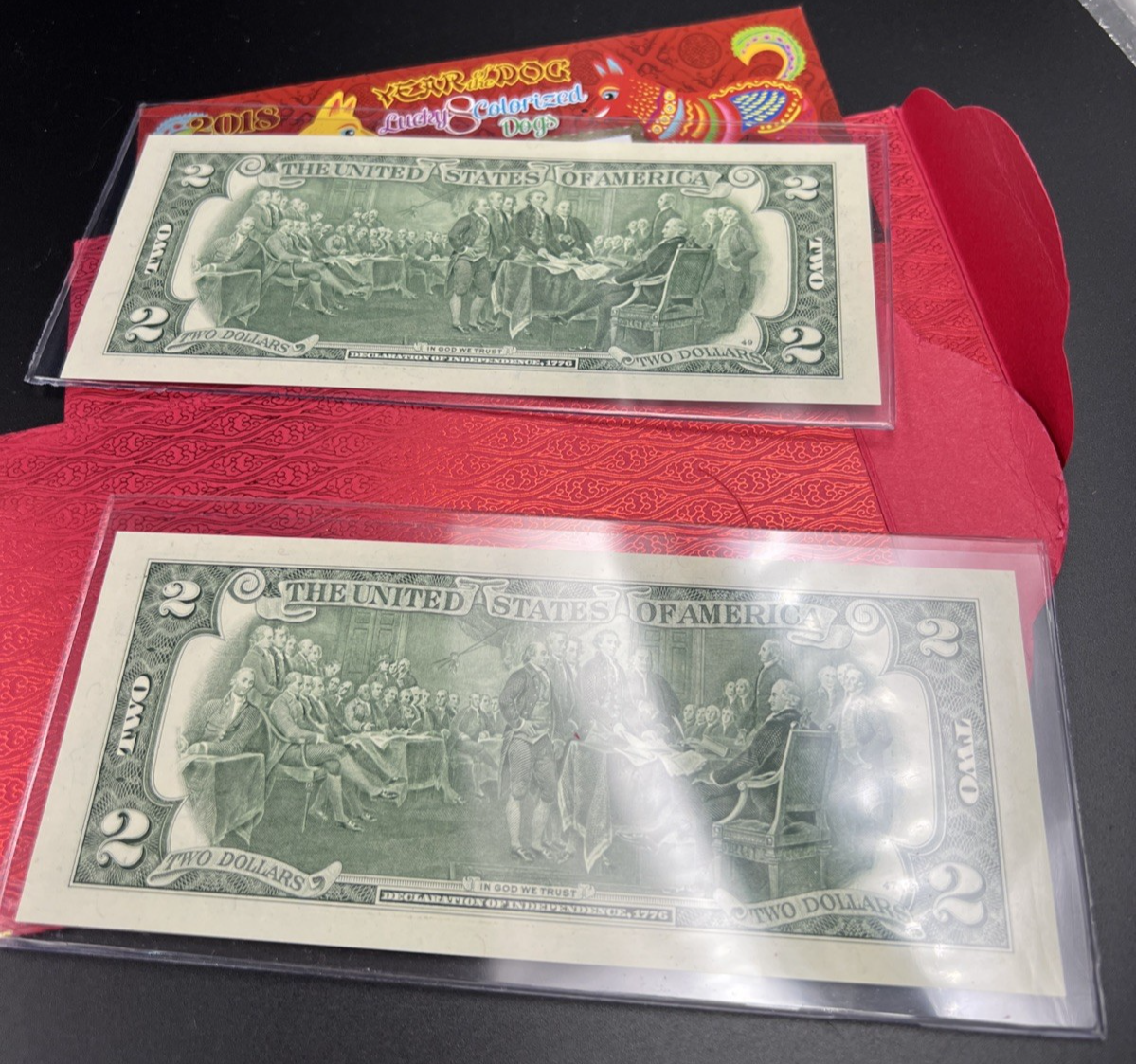 2 Consecutive Serial 2013 Lucky Money Year of Dog Colorized $2 Two Dollar Bills