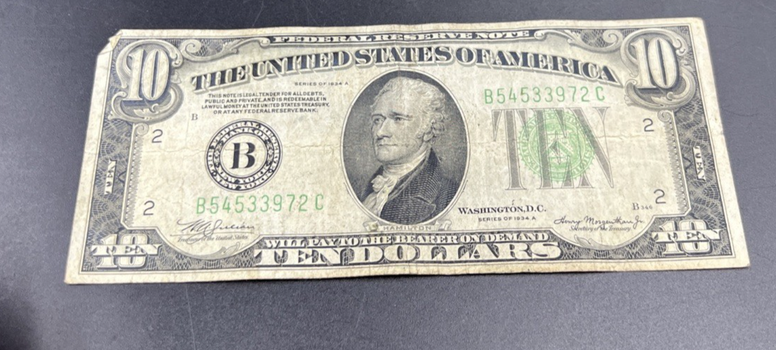 1934 A $10 FRN Ten Dollar Federal Reserve Note New York District VG Circ #72