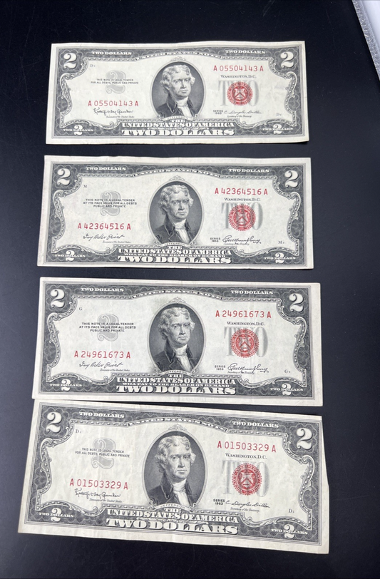 Lot of 4 1953 1963 $2 USN United States Red Seal Notes VF Very Fine #329
