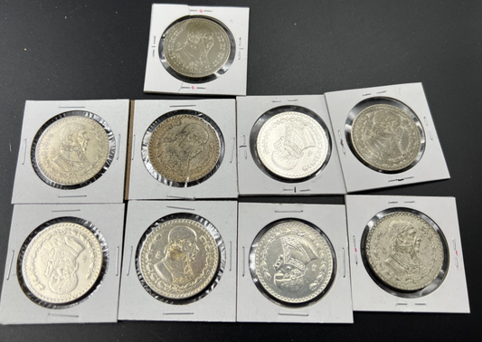 Lot of 9 Mexico 10% Silver Peso Jose Morelos Coins Circulated