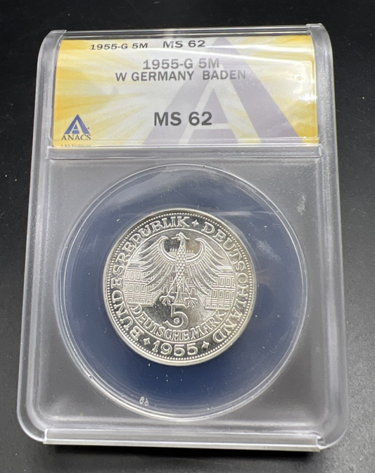 1955 G 5M West Germany Baden 5 Five Marks Silver Coin ANACS MS62 #041