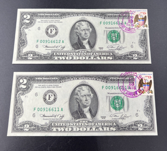 2 Consecutive 1976 $2 Bicentennial Federal Reserve Notes Postal Stamp Augusta GA