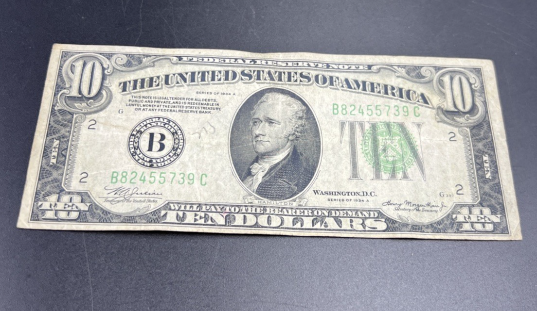 1934 A $10 FRN Ten Dollar Federal Reserve Note New York District Fine Circ #39
